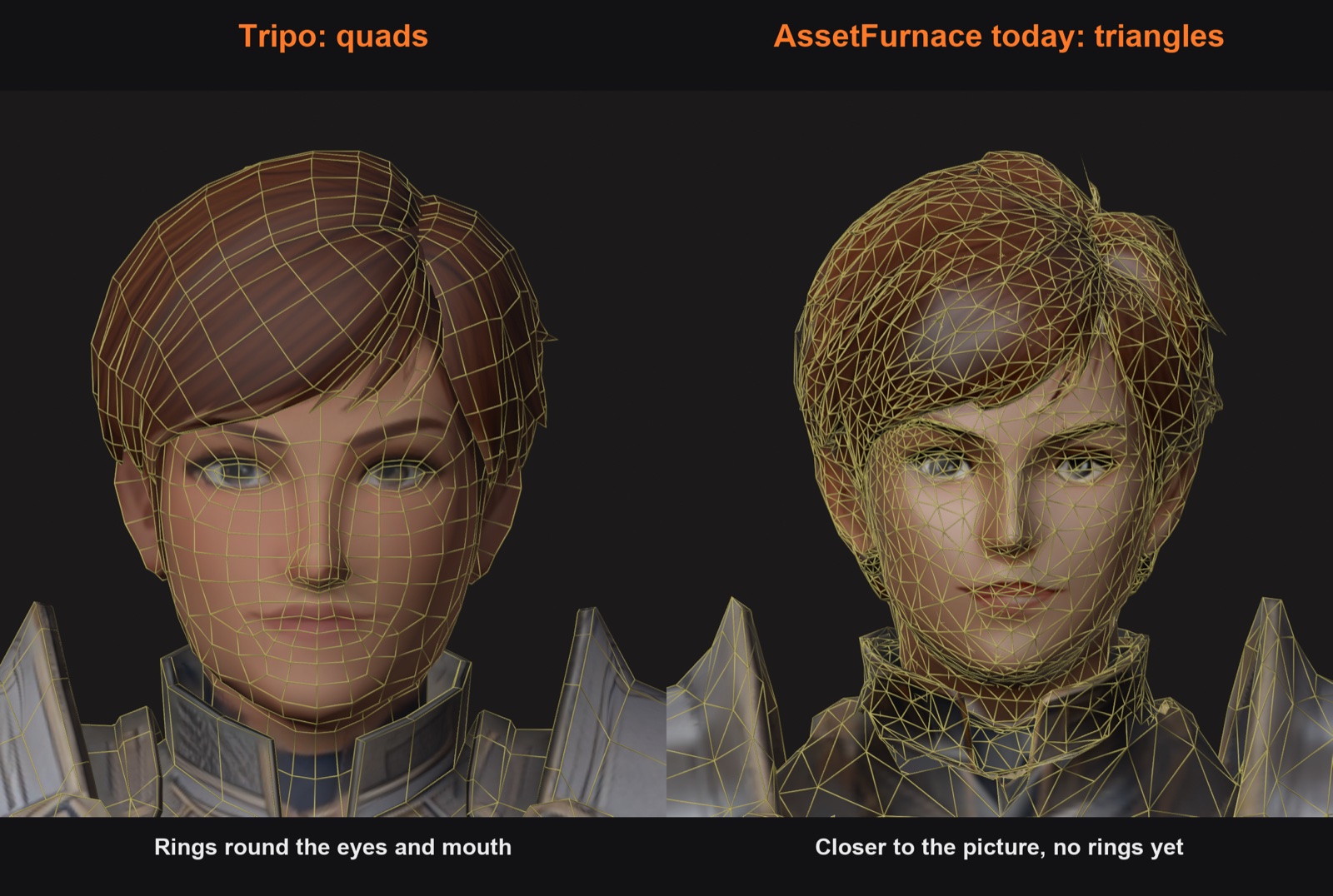 The same paladin's face from Tripo and from AssetFurnace, with the mesh lines showing