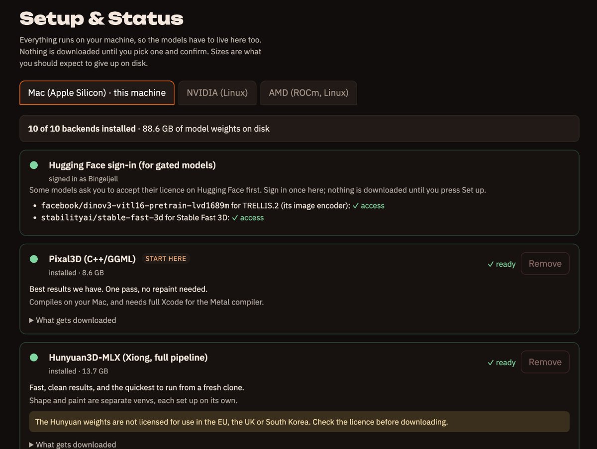 The Setup page, showing each engine with its size and licence