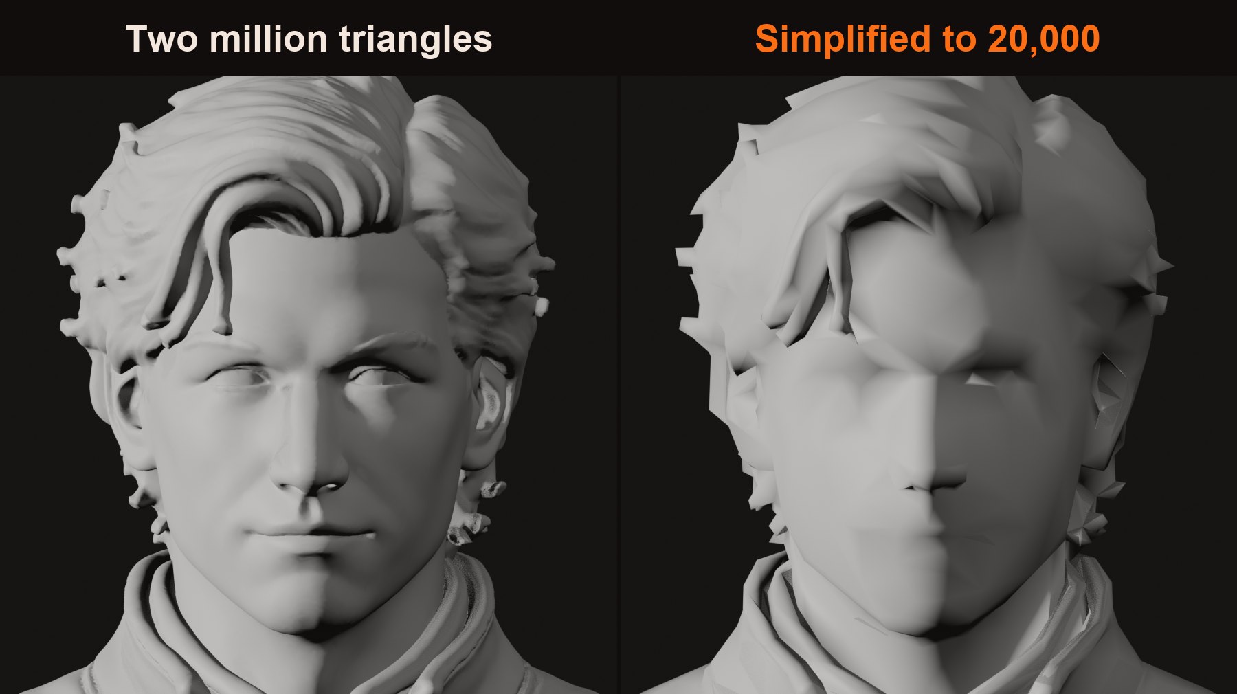The same face before and after simplifying: the carved eyes and lips flatten out