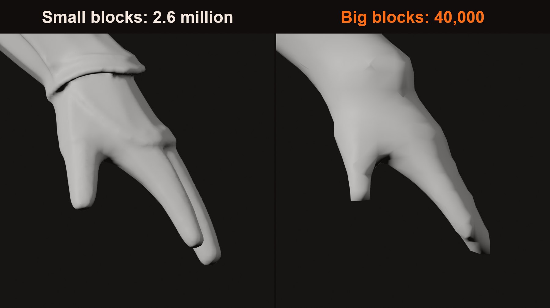 The same hand remeshed with small cubes and with big ones: the big cubes melt the fingers together