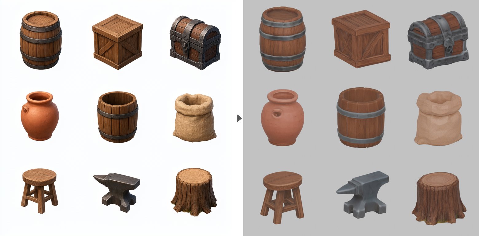 A nine-item fantasy prop sheet beside nine separate 3D versions, including barrels, a chest, stool, anvil and tree stump